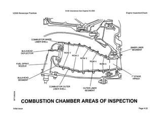 V2500 Borescope Practices
0IAE International Aero EnginesAG 2000
Engine Inspection/Check
COMBUSTOROUTER
LINER SHELL
I
OUTER LINER
SEGMENT
' COMBUSTION CHAMBER AREAS OF INSPECTION
Initial issue Page 4-22
 