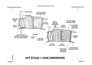 0 IAE InternationalAero Engines AG 2000
V2500 Borescope Practices
I
OD PLATFORM
LEADING EDGE
1/2 DISTANCE
DISTANCE I
Engine InspectionlCheck
1
Initial issue
2.100in
(53,34mm) (43,18mm)
PLATFORM LEADING EDGE
COOLING
AIR HOLES
HPT STAGE 1VANE DIMENSIONS A
Page 4-28
 