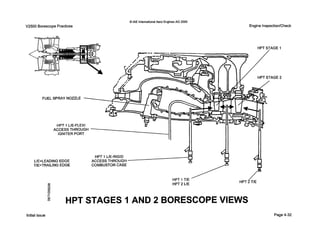 V2500 Borescope Practices
0IAE InternationalAero EnginesAG 2000
Engine Inspection/Check
FUEL SPRAY NOZZLE
HPT 1 LIE-FLEX1
ACCESS THROUGH
IGNITER PORT
HPT 1 UE-RIGID
L/E=LEADINGEDGE ACCESS THROUGH
T/E=TRAILINGEDGE COMBUSTORCASE
00 HPT2 LIE
8
m
v)
HPT STAGES IAND 2 BORESCOPE VIEWS
2W
0
Initial issue Page 4-32
 