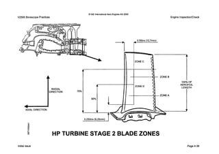 V2500 BorescopePractices
0IAE lnternatlonal Aero Engines AG 2000
Engine InspectionlCheck
AXIAL DIRECTION
Initialissue
75%
50%
HP TURBINE STAGE 2 BLADE ZONES
Page4-38
 