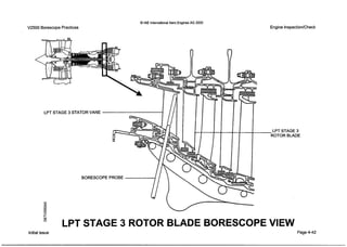 0 IAE InternationalAero Engines AG 2000
V2500 Borescope Practices Engine Inspection/Check
LPT STAGE 3 STATOR VANE I//I
LPT
BORESCOPE PROBE
STAGE 3 ROTOR BLADE BORESCOPE
LPT STAGE 3
ROTOR BLADE
3
VIEW
Initial issue Page 4-42
 
