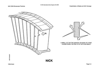 IAEV2500 BorescopePractices
0 IAE international Aero Engines AG 2000
Classificationof Blade and NGV Damage
A SMALL CUT ON THE SURFACEOR EDGE OF A PART.
CAUSEDWHEN THE PART IS HITWITH AN OBJECT
NICK
Initial Issue Page 5-3
 