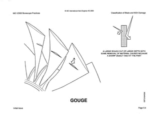 IAE V2500 BorescopePractices
0 IAE InternationalAero EnginesAG 2000
Classification of Blade and NGV Damage
Initial Issue
A LARGE ROUGH CUT OF LARGE DEPTHWITH
SOME REMOVAL OF MATERIALCAUSED BECAUSE
A SHARP OBJECT HAS HIT THE PART
GOUGE
Page 5-4
 