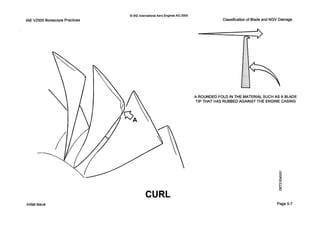IAEV2500 BorescopePractices
0 IAE InternationalAero EnginesAG 2000
Classificationof Bladeand NGV Damage
CURL
Initial Issue
A ROUNDEDFOLD IN THE MATERIAL SUCH AS A BLADE
TIP THAT HAS RUBBEDAGAINSTTHE ENGINECASING
Page 5-7
 