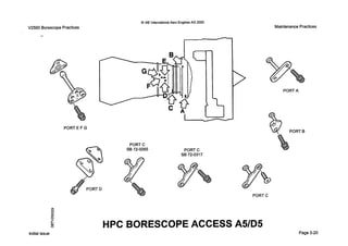 V2500 Borescope Practices
-
PORT E F G
0 IAE InternationalAero Engines AG 2000
PORTC
PORT C
SE 72-0317
MaintenancePractices
PORTA
B PORT B
PORTC
HPC BORESCOPE ACCESS AWD5
Initialissue Page 3-20
 