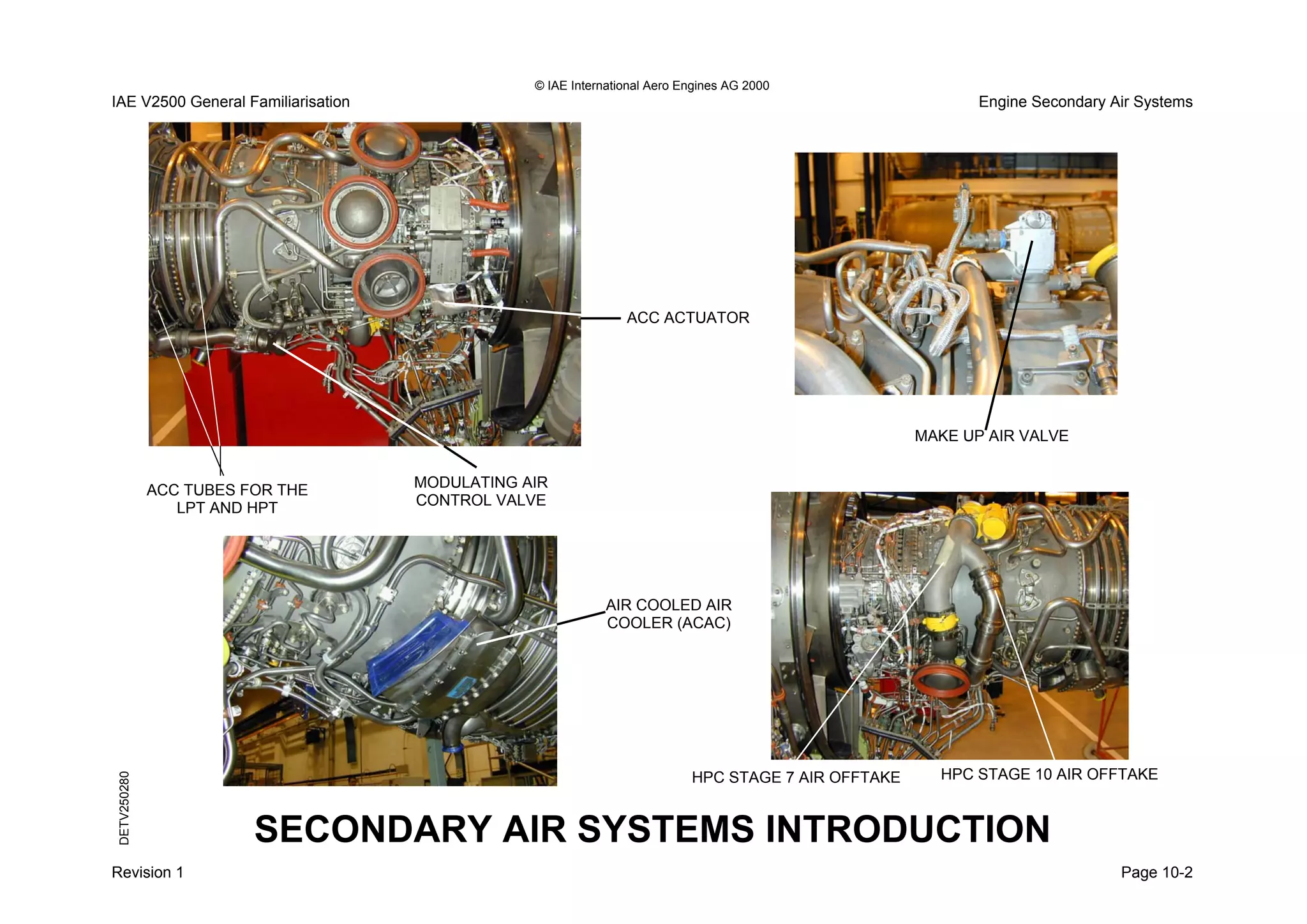 © IAE International Aero Engines AG 2000
IAE V2500 General Familiarisation Engine Secondary Air Systems
Revision 1 Page 10-2
SECONDARY AIR SYSTEMS INTRODUCTION
DETV250280
HPC STAGE 7 AIR OFFTAKE HPC STAGE 10 AIR OFFTAKE
MAKE UP AIR VALVE
AIR COOLED AIR
COOLER (ACAC)
ACC ACTUATOR
MODULATING AIR
CONTROL VALVE
ACC TUBES FOR THE
LPT AND HPT
 