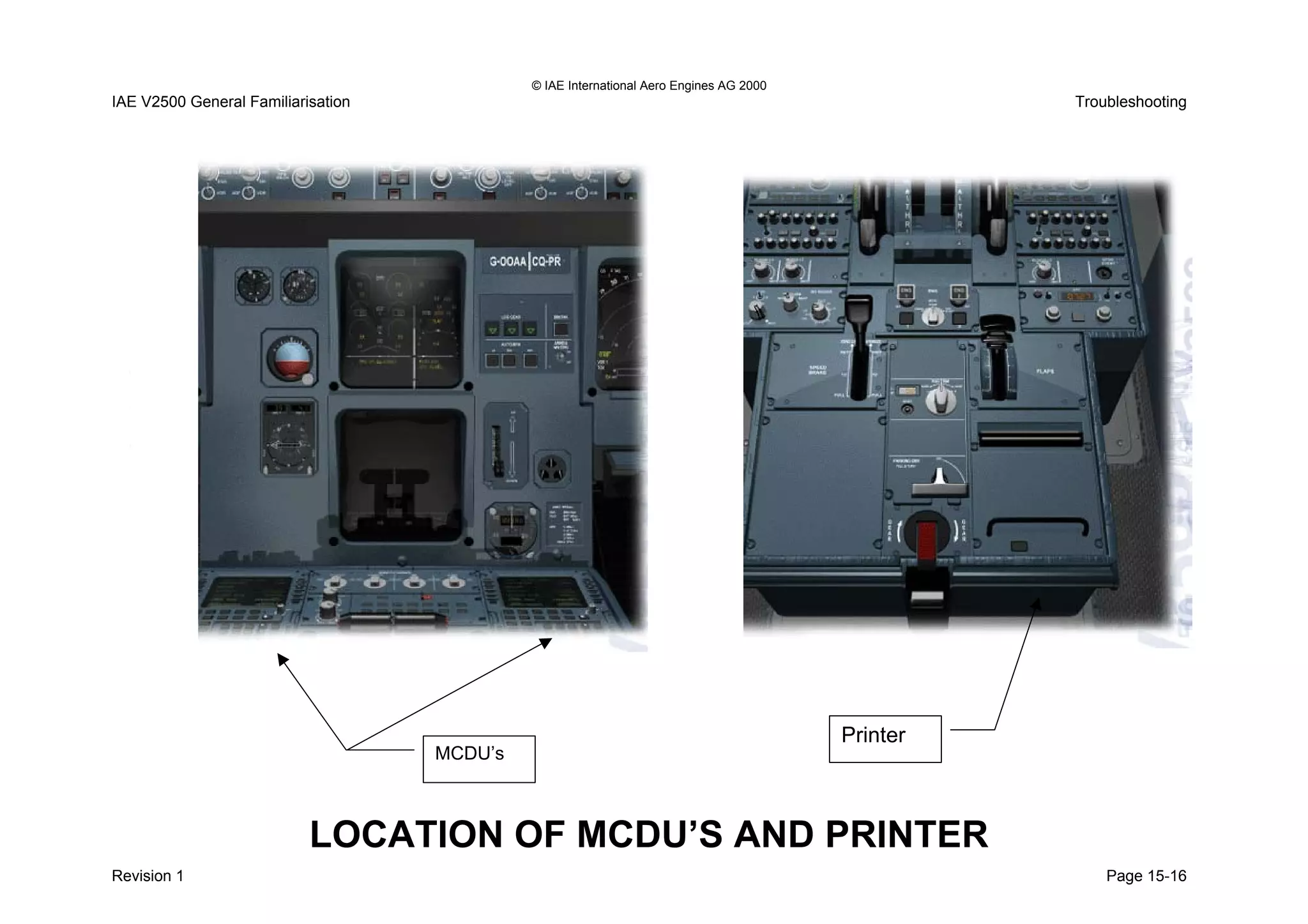 © IAE International Aero Engines AG 2000
IAE V2500 General Familiarisation Troubleshooting
Revision 1 Page 15-16
Printer
MCDU’s
LOCATION OF MCDU’S AND PRINTER
 