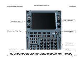 © IAE International Aero Engines AG 2000
IAE V2500 General Familiarisation Troubleshooting
Revision 1
Alpha Keys
Line Select Keys
Numeric Keys
Brightness Adjust
Annunciators
Function and Mode Keys
Line Select Keys
Page 15-14
MULTIPURPOSE CENTRALISED DISPLAY UNIT (MCDU)
 