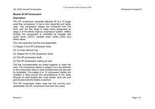 © IAE International Aero Engines AG 2000
IAE V2500 General Familiarisation Mechanical Arrangement
Module 40 HP Compressor
Description
The HP compressor assembly (Module 40 is a 10 stage
axial flow compressor. It has a rotor assembly and stator
case. The compressor stages are numbered from the
front, with the first stage is stage being designated as
stage 3 of the whole engines compressor system. Airflow
through the compressor is controlled by variable inlet
guide vanes (VIGV), variable stator vanes (VSV) and
bleed valves.
The rotor assembly has five sub-assemblies
(1) Stages 3 to 8 HP compressor disks
(2) A vortex reducer ring.
(3) Stages 9 to 12 HP compressor disks
(4) The HP compressor shaft.
(5) The HP compressor rotating air seal.
The five sub-assemblies are bolted together to make the
rotor. The compressor blades in stages 3 to 5 are attached
to the compressor disks in axial dovetail slots and secured
by lockplates. The stages 6 to 12 compressor blades are
installed in slots around the circumference of the disks
through an axial loading slot. Lock blades, lock nuts and
jack screws hold the blades in position.
The HP compressor stator case has two primary sub-
assemblies, the HP compressor front and rear cases.
Revision 1 Page 3-15
 