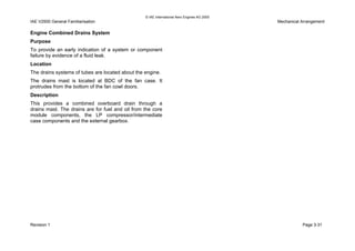 © IAE International Aero Engines AG 2000
IAE V2500 General Familiarisation Mechanical Arrangement
Engine Combined Drains System
Purpose
To provide an early indication of a system or component
failure by evidence of a fluid leak.
Location
The drains systems of tubes are located about the engine.
The drains mast is located at BDC of the fan case. It
protrudes from the bottom of the fan cowl doors.
Description
This provides a combined overboard drain through a
drains mast. The drains are for fuel and oil from the core
module components, the LP compressor/intermediate
case components and the external gearbox.
Revision 1 Page 3-31
 