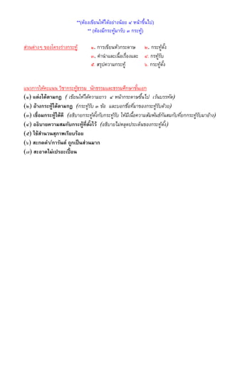 **(ต้องเขียนให้ได้อย่างน้อย ๔ หน้าขึ้นไป)
** (ต้องมีกระทู้มารับ ๓ กระทู้)
ส่วนต่างๆ ของโครงร่างกระทู้ ๑. การเขียนหัวกระดาษ ๒. กระทู้ตั้ง
๓. คานาและเนื้อเรื่องและ ๔. กรทู้รับ
๕. สรุปความกระทู้ ๖. กระทู้ตั้ง
แนวการให้คะแนน วิชากระทู้ธรรม นักธรรมและธรรมศึกษาชั้นเอก
(๑) แต่งได้ตามกฏ ( เขียนให้ได้ความยาว ๔ หน้ากระดาษขึ้นไป เว้นบรรทัด)
(๒) อ้างกระทู้ได้ตามกฏ (กระทู้รับ ๓ ข้อ และบอกชื่อที่มาของกระทู้รับด้วย)
(๓) เชื่อมกระทู้ได้ดี (อธิบายกระทู้ตั้งกับกระทู้รับ ให้มีเนื้อความสัมพันธ์กันสมกับที่ยกกระทู้รับมาอ้าง)
(๔) อธิบายความสมกับกระทู้ที่ตั้งไว้ (อธิบายไม่หลุดประเด็นของกระทู้ตั้ง)
(๕) ใช้สานวนสุภาพเรียบร้อย
(๖) สะกดคา/การันต์ ถูกเป็นส่วนมาก
(๗) สะอาดไม่เปรอะเปื้อน
 