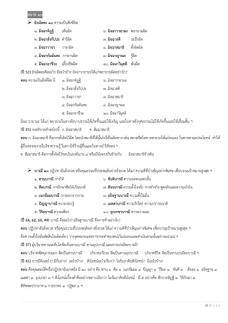 29 | P a g e
หมวด ๑๐
➢ มิจฉัตตะ ๑๐ ความเป็นสิ่งที่ผิด
๑. มิจฉาทิฏฐิ เห็นผิด ๖. มิจฉาวายามะ พยายามผิด
๒. มิจฉาสังกัปปะ ดาริผิด ๗. มิจฉาสติ ระลึกผิด
๓. มิจฉาวาจา วาจาผิด ๘. มิจฉาสมาธิ ตั้งจิตผิด
๔. มิจฉากัมมันตะ การงานผิด ๙. มิจฉาญาณะ รู้ผิด
๕. มิจฉาอาชีวะ เลี้ยงชีพผิด ๑๐. มิจฉาวิมุตติ พ้นผิด
(ปี 52) มิจฉัตตะคืออะไร มีอะไรบ้าง มิจฉาวายามะได้แก่พยายามผิดอย่างไร?
ตอบ ความเป็นสิ่งที่ผิด มี ๑. มิจฉาทิฏฐิ ๖. มิจฉาวายามะ
๒. มิจฉาสังกัปปะ ๗. มิจฉาสติ
๓. มิจฉาวาจา ๘. มิจฉาสมาธิ
๔. มิจฉากัมมันตะ ๙. มิจฉาญาณะ
๕. มิจฉาอาชีวะ ๑๐. มิจฉาวิมุตติ
มิจฉาวายามะ ได้แก่ พยายามในทางยังบาปธรรมให้เกิดขึ้นและให้เจริญ และในทางยังกุศลธรรมไม่ให้เกิดขึ้นและให้เสื่อมสิ้น ฯ
(ปี 43) จงอธิบายคาต่อไปนี้ ก. มิจฉาสมาธิ ข. สัมมาสมาธิ
ตอบ ก. มิจฉาสมาธิ คือการตั้งจิตไว้ผิด โดยนาสมาธิที่ได้นั้นไปใช้ในผิดทาง เช่น สะกดจิตในทางหาลาภให้แก่ตนเอง ในทางหาผลประโยชน์ ทาให้
ผู้อื่นหลงงมงายในวิชาความรู้ ในทางให้ร้ายผู้อื่นและในทางนาให้หลง ฯ
ข. สัมมาสมาธิ คือการตั้งจิตไว้ชอบในองค์ฌาน ๔ หรือมีนัยตรงกันข้ามกับ มิจฉาสมาธิข้างต้น
➢ บารมี ๑๐ ปฏิปทาอันยิ่งยวด หรือคุณธรรมที่ประพฤติอย่างยิ่งยวด ได้แก่ ความดีที่บาเพ็ญอย่างพิเศษ เพื่อบรรลุเป้าหมายสูงสุด ฯ
๑. ทานบารมี การให้ ๖. ขันติบารมี ความอดทนอดกลั้น
๒. สีลบารมี การรักษาศีลให้เป็นปกติ ๗. สัจจบารมี ความตั้งใจจริง การทาจริง พูดจริงและความจริงใจ
๓. เนกขัมมบารมี การออกจากกาม ๘. อธิษฐานบารมี ความตั้งใจมั่น
๔. ปัญญาบารมี ความรอบรู้ ๙. เมตตาบารมี ความรักใคร่ ความปรารถนาดี
๕. วิริยบารมี ความเพียร ๑๐. อุเบกขาบารมี ความวางเฉย
(ปี 64, 62, 60, 49) บารมี คืออะไร? อธิษฐานบารมี คือการทาอย่างไร?
ตอบ ปฏิปทาอันยิ่งยวด หรือคุณธรรมที่ประพฤติอย่างยิ่งยวด ได้แก่ ความดีที่บาเพ็ญอย่างพิเศษ เพื่อบรรลุเป้าหมายสูงสุด ฯ
คือความตั้งใจมั่นตัดสินใจเด็ดเดี่ยว วางจุดหมายแห่งการกระทาของตนไว้แน่นอนและดาเนินตามนั้นอย่างแน่วแน่ ฯ
(ปี 57) ผู้บริจาคทานระดับใดจัดเป็นทานบารมี ทานอุปบารมี และทานปรมัตถบารมี?
ตอบ บริจาคพัสดุภายนอก จัดเป็นทานบารมี บริจาคอวัยวะ จัดเป็นทานอุปบารมี บริจาคชีวิต จัดเป็นทานปรมัตถบารมี ฯ
(ปี 43) บารมีคืออะไร? มีกี่อย่าง? อะไรบ้าง? สังโยชน์อะไรเรียกว่า โอรัมภาคิยสังโยชน์? มีอะไรบ้าง?
ตอบ คือคุณสมบัติหรือปฏิปทาอันยวดยิ่ง มี ๑๐ อย่าง คือ ทาน ๑ ศีล ๑ เนกขัมมะ ๑ ปัญญา ๑ วิริยะ ๑ ขันติ ๑ สัจจะ ๑ อธิษฐาน ๑
เมตตา ๑ อุเบกขา ๑ ฯ สังโยชน์เบื้องต่าคืออย่างหยาบเรียกว่า โอรัมภาคิยสังโยชน์ มี ๕ อย่างคือ สักกายทิฏฐิ ๑ วิจิกิจฉา ๑
สีลัพพตปรามาส ๑ กามราคะ ๑ ปฏิฆะ ๑ ฯ
 