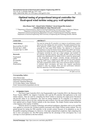 Optimal tuning of proportional integral controller for fixed-speed wind ...