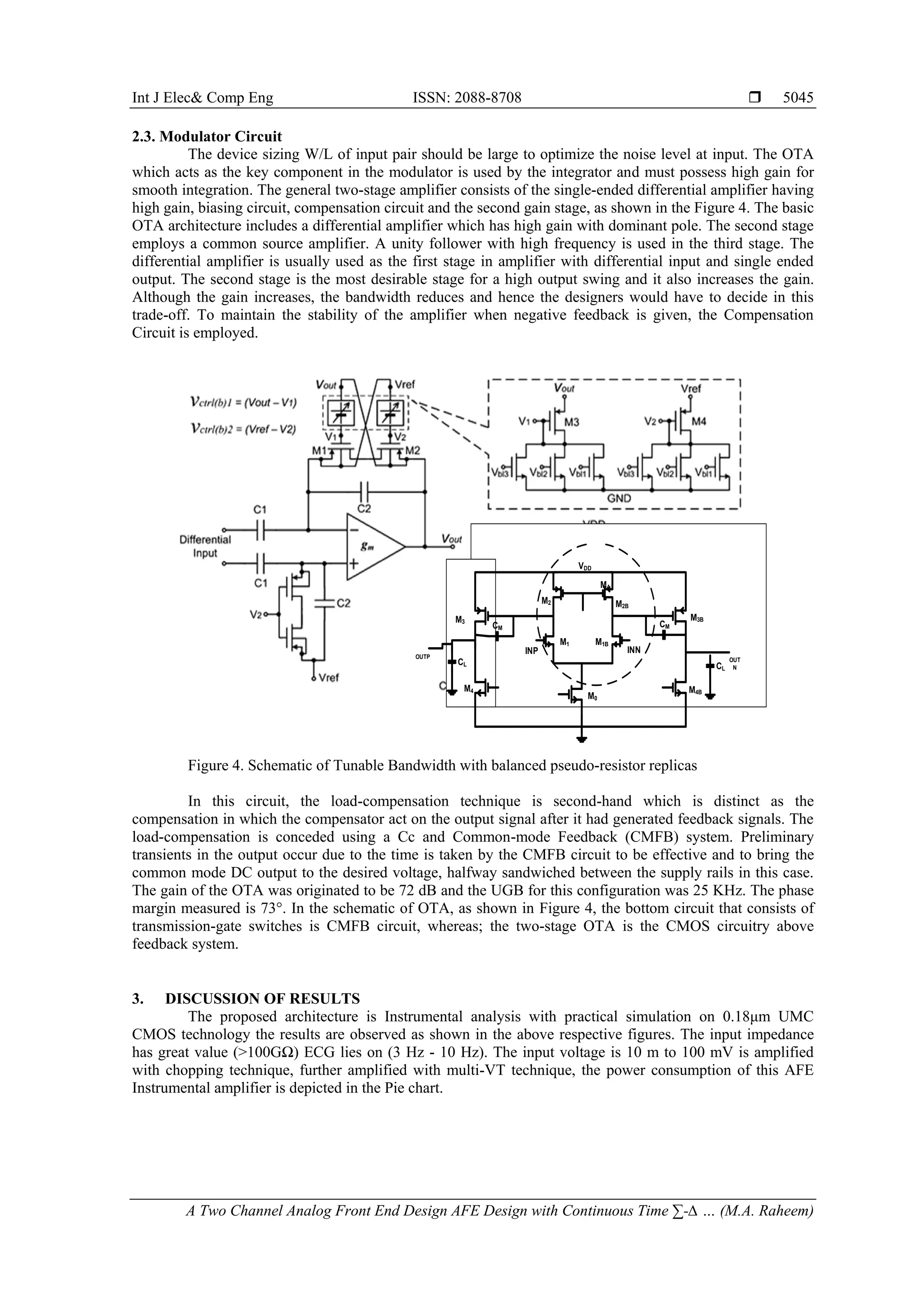 Int J Elec& Comp Eng ISSN: 2088-8708 
A Two Channel Analog Front End Design AFE Design with Continuous Time ∑-∆ … (M.A. Raheem)
5045
2.3. Modulator Circuit
The device sizing W/L of input pair should be large to optimize the noise level at input. The OTA
which acts as the key component in the modulator is used by the integrator and must possess high gain for
smooth integration. The general two-stage amplifier consists of the single-ended differential amplifier having
high gain, biasing circuit, compensation circuit and the second gain stage, as shown in the Figure 4. The basic
OTA architecture includes a differential amplifier which has high gain with dominant pole. The second stage
employs a common source amplifier. A unity follower with high frequency is used in the third stage. The
differential amplifier is usually used as the first stage in amplifier with differential input and single ended
output. The second stage is the most desirable stage for a high output swing and it also increases the gain.
Although the gain increases, the bandwidth reduces and hence the designers would have to decide in this
trade-off. To maintain the stability of the amplifier when negative feedback is given, the Compensation
Circuit is employed.
CMCM
CL CL
VDD
M2B
M2
INP
M3B
M1BM1
M0
M4BM4
INN
OUTP OUT
N
M3
M4
B
Figure 4. Schematic of Tunable Bandwidth with balanced pseudo-resistor replicas
In this circuit, the load-compensation technique is second-hand which is distinct as the
compensation in which the compensator act on the output signal after it had generated feedback signals. The
load-compensation is conceded using a Cc and Common-mode Feedback (CMFB) system. Preliminary
transients in the output occur due to the time is taken by the CMFB circuit to be effective and to bring the
common mode DC output to the desired voltage, halfway sandwiched between the supply rails in this case.
The gain of the OTA was originated to be 72 dB and the UGB for this configuration was 25 KHz. The phase
margin measured is 73°. In the schematic of OTA, as shown in Figure 4, the bottom circuit that consists of
transmission-gate switches is CMFB circuit, whereas; the two-stage OTA is the CMOS circuitry above
feedback system.
3. DISCUSSION OF RESULTS
The proposed architecture is Instrumental analysis with practical simulation on 0.18μm UMC
CMOS technology the results are observed as shown in the above respective figures. The input impedance
has great value (>100GΩ) ECG lies on (3 Hz - 10 Hz). The input voltage is 10 m to 100 mV is amplified
with chopping technique, further amplified with multi-VT technique, the power consumption of this AFE
Instrumental amplifier is depicted in the Pie chart.
 