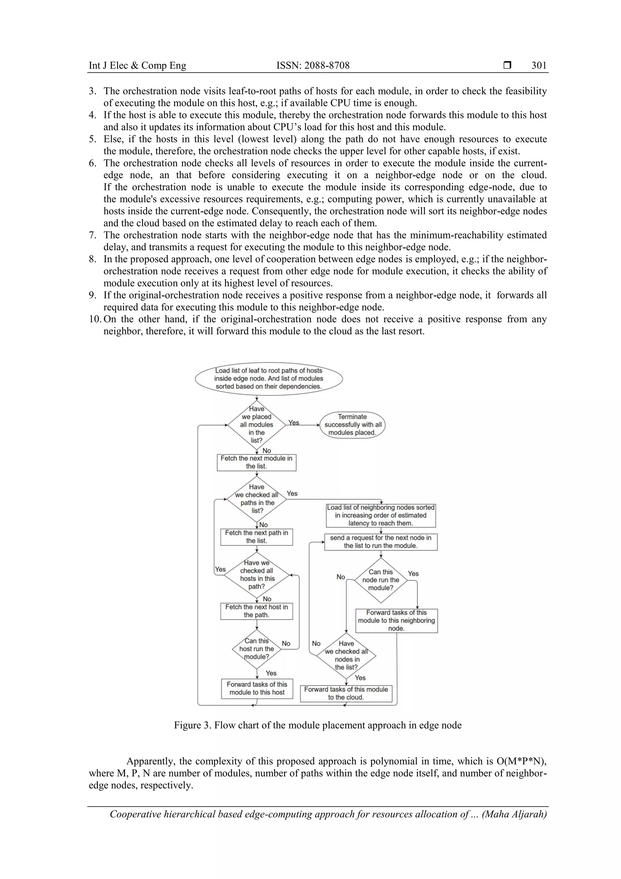 Int J Elec & Comp Eng ISSN: 2088-8708  Cooperative hierarchical based edge-computing approach for resources allocation of ... (Maha Aljarah) 301 3. The orchestration node visits leaf-to-root paths of hosts for each module, in order to check the feasibility of executing the module on this host, e.g.; if available CPU time is enough. 4. If the host is able to execute this module, thereby the orchestration node forwards this module to this host and also it updates its information about CPU’s load for this host and this module. 5. Else, if the hosts in this level (lowest level) along the path do not have enough resources to execute the module, therefore, the orchestration node checks the upper level for other capable hosts, if exist. 6. The orchestration node checks all levels of resources in order to execute the module inside the current- edge node, an that before considering executing it on a neighbor-edge node or on the cloud. If the orchestration node is unable to execute the module inside its corresponding edge-node, due to the module's excessive resources requirements, e.g.; computing power, which is currently unavailable at hosts inside the current-edge node. Consequently, the orchestration node will sort its neighbor-edge nodes and the cloud based on the estimated delay to reach each of them. 7. The orchestration node starts with the neighbor-edge node that has the minimum-reachability estimated delay, and transmits a request for executing the module to this neighbor-edge node. 8. In the proposed approach, one level of cooperation between edge nodes is employed, e.g.; if the neighbor- orchestration node receives a request from other edge node for module execution, it checks the ability of module execution only at its highest level of resources. 9. If the original-orchestration node receives a positive response from a neighbor-edge node, it forwards all required data for executing this module to this neighbor-edge node. 10. On the other hand, if the original-orchestration node does not receive a positive response from any neighbor, therefore, it will forward this module to the cloud as the last resort. Figure 3. Flow chart of the module placement approach in edge node Apparently, the complexity of this proposed approach is polynomial in time, which is O(M*P*N), where M, P, N are number of modules, number of paths within the edge node itself, and number of neighbor- edge nodes, respectively. 