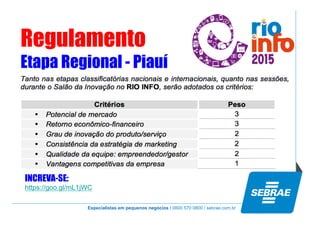 Especialistas em pequenos negócios / 0800 570 0800 / sebrae.com.br
Regulamento
Etapa Regional - Piauí
INCREVA-SE:
https://goo.gl/mL1jWC
 