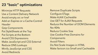 Remove Duplicate Scripts
Conﬁgure ETags
Make AJAX Cacheable
Use GET for AJAX Requests
Reduce the Number of DOM Elements
No 404s
Reduce Cookie Size
Use Cookie-Free Domains for
Components
Avoid Filters
Do Not Scale Images in HTML
Make favicon.ico Small and Cacheable
Minimize HTTP Requests
Use a Content Delivery Network
Avoid empty src or href
Add an Expires or a Cache-Control
Header
Gzip Components
Put StyleSheets at the Top
Put Scripts at the Bottom
Avoid CSS Expressions
Make JavaScript and CSS External
Reduce DNS Lookups
Minify JavaScript and CSS
Avoid Redirects
23 “basic” optimizations
 