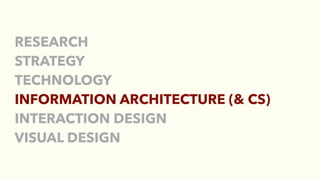 RESEARCH
STRATEGY
TECHNOLOGY
INFORMATION ARCHITECTURE (& CS)
INTERACTION DESIGN
VISUAL DESIGN
 