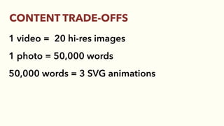 1 video = 20 hi-res images
1 photo = 50,000 words
50,000 words = 3 SVG animations
CONTENT TRADE-OFFS
 