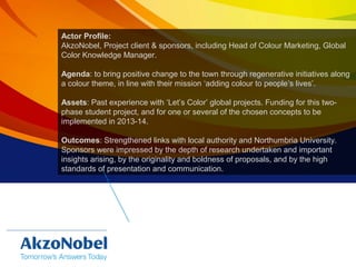 Actor Profile:
AkzoNobel, Project client & sponsors, including Head of Colour Marketing, Global
Color Knowledge Manager.
Agenda: to bring positive change to the town through regenerative initiatives along
a colour theme, in line with their mission ‘adding colour to people’s lives’.
Assets: Past experience with ‘Let’s Color’ global projects. Funding for this two-
phase student project, and for one or several of the chosen concepts to be
implemented in 2013-14.
Outcomes: Strengthened links with local authority and Northumbria University.
Sponsors were impressed by the depth of research undertaken and important
insights arising, by the originality and boldness of proposals, and by the high
standards of presentation and communication.
 