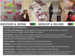 Process, Tools and Methods
1.Problem Area Mapping – group exercise of rapid sharing of observations, ideas and
possible themes to explore before division into teams.
2.Fieldwork – observation, conversations, interviews and surveys around Ashington,
complemented with secondary research to explore local culture and geography, and exemplar
regenerations and interventions worldwide.
3.Key insights – shared and explored for potential development.
4.Ideation – key insights used as stimuli for generating new ideas.
5.Verification – selected ideas are sense-checked through discussion with stakeholders
6.Refinement – concepts are refined based on feedback to final proposals.
7.Visualisation – sketches, photomontage, CAD renderings and short films brought to life the
insights and concepts developed by the teams, who then formally presented to sponsors.
 