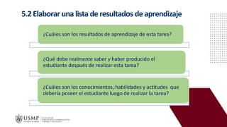 5.2Elaborar unalistaderesultados deaprendizaje
¿Cuáles son los resultados de aprendizaje de esta tarea?
¿Qué debe realmente saber y haber producido el
estudiante después de realizar esta tarea?
¿Cuáles son los conocimientos, habilidades y actitudes que
debería poseer el estudiante luego de realizar la tarea?
 