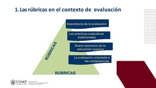 1.Lasrúbricas en el contexto de evaluación
Importancia de la evaluación
Las prácticas evaluativas
tradicionales
Nuevo escenario de la
educación superior
La evaluación orientada a
las competencias
RÚBRICAS
 