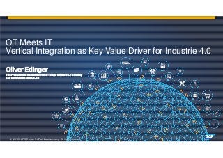 OT Meets IT
Vertical Integration as Key Value Driver for Industrie 4.0
Oliver Edinger
Vice President and Headof Internetof Things/Industrie 4.0 Germany
SAP Deutschland SE & Co.KG
© 2016 SAP SE or an SAP affiliate company. All rights reserved.
 