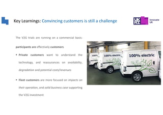 Key Learnings: Convincing customers is still a challenge
The V2G trials are running on a commercial basis:
participants are effectively customers
§ Private customers want to understand the
technology, and reassurances on availability,
degradation and potential costs/revenues
§ Fleet customers are more focused on impacts on
their operation, and solid business case supporting
the V2G investment
 