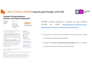 New TCR from OFGEM impacts grid charges and V2G
OFGEM recently published a review on how network
charges are levied (https://www.ofgem.gov.uk/publications-and-
updates/targeted-charging-review-decision-and-impact-assessment )
§ Decision has an impact on V2G operations, particularly the ones relying
on reduction of household consumptions
§ A longer-term Access and forward-looking charges review is intended
to address the network flexibility and its operation
 