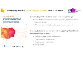Advancing trends : Advanced grid services raise V2G value
Current V2G-provided DSO services are at an embryonic stage:
§ Most of V2G services still focus on ISO Frequency regulation or behind-
the-meter services
§ DSO services are mainly focused on congestion management
However, EV batteries can play a key role in supporting the distribution
grid in a multitude of ways:
§ Provision of Power Quality compensation
§ Phase imbalance compensation
§ Reactive power compensation
§ Voltage control
 