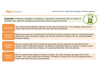 Access and EVs -Illustrative example: EV Fleet operator
Example: A delivery company is located in a demand constrained area. It wants to
connect new rapid EV chargers and provide vehicle-to-grid services.
This could provide additional options for this user to choose from. For example, lower level of
access right during the day when the vans are delivering goods.
We are reviewing the level of locational granularity and the approach to calculating future
network costs at different locations. In demand constrained areas, the delivery company could
receive credits, rather than charges, for exporting electricity onto the network.
We are reviewing the design of network charges. We could introduce stronger time-of-use
charges. This could incentivise the delivery company to charge their EVs at off-peak periods or
export back onto the grid at peak periods.
Reducing the amount of reinforcement that the connection customer pays for could significantly
reduce the user’s connection charge. We will only make this change if we can introduce better
locational signals.
Access rights
Connection
boundary
Locational
signals
Temporal
signals
 