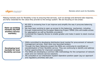 • DNOs committed to developing distribution-level market for procurement of network
management services. Most have now launched tenders.
• Through the Open Networks project the DNOs are continuing to coordinate on
standardisation of their flexibility service. They are continuing to identify and address
further opportunities for improved consistency.
• The DNOs are developing a common CBA methodology for the comparison of network
asset and non-network service solutions.
• We consulted on our Distribution System Operation position paper (eg our approach
and regulatory priorities) last year.
• NG ESO is reviewing how it can improve and simplify the way it procures balancing
services.
• We have been working to open up access to the balancing mechanism, including
through implementing the European Balancing Project TERRE (this will enable access
for aggregators as well as flexibility providers).
• Conducted the Capacity Review to enable greater and make it easier to stack revenue
streams.
Markets which work for flexibility
Open up existing
markets (Eg ESO
ancillary service
markets)
Developing local
markets for local
flexibility services
Making markets work for flexibility is key to ensuring that services, such as storage and demand side response,
are fairly rewarded for the value they provide to the energy system. We are focusing on two areas:
 
