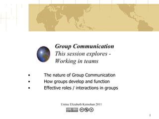 Group Communication This session explores - Working in teams ,[object Object],[object Object],[object Object],Unitec Elizabeth Kernohan 2011 