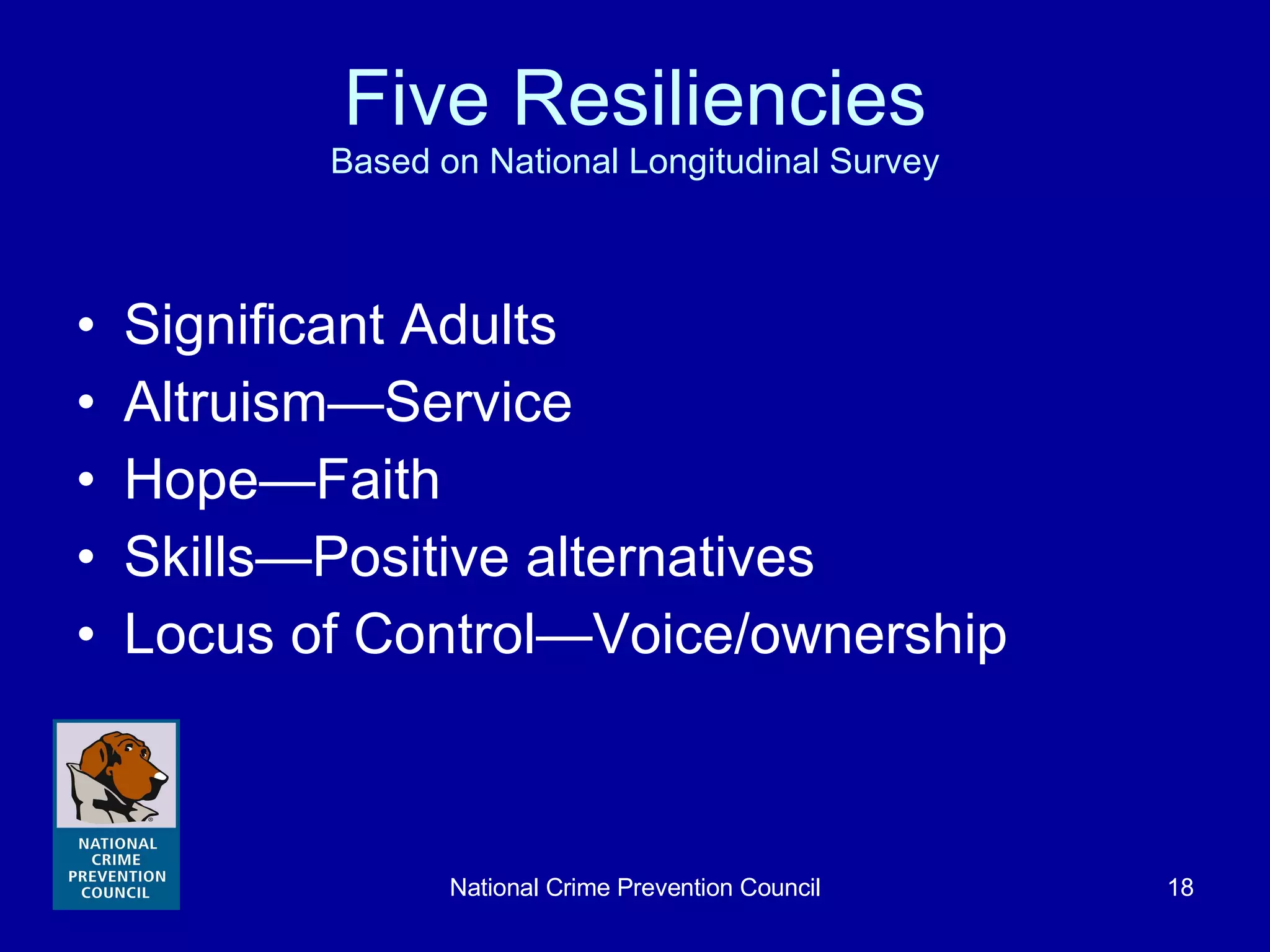 Five Resiliencies Based on National Longitudinal Survey Significant Adults Altruism—Service Hope—Faith Skills—Positive alternatives Locus of Control—Voice/ownership 