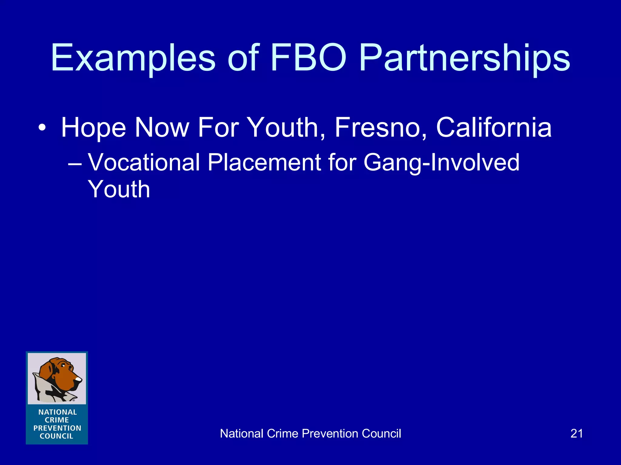Examples of FBO Partnerships Hope Now For Youth, Fresno, California Vocational Placement for Gang-Involved Youth 