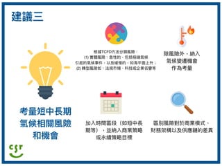 考量量短中長期
氣候相關風險
和機會
建議三
根據TCFD⽅方法分類風險：

(1) 實體風險：急性的，包括極端氣候

引起的氣候事件，以及緩慢的，如海海平⾯面上升；

(2) 轉型風險如：法規市場、科技或企業名譽等
加入時間區段（如短中長
期等），並納入商業策略略

或永續策略略⽬目標
除風險外，納入

氣候變遷機會

作為考量量
區別風險對於商業模式、

財務架構以及供應鏈的差異異
 