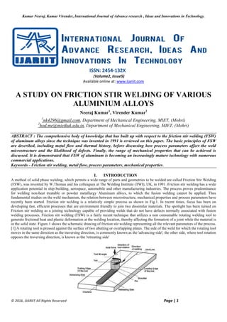 A STUDY ON FRICTION STIR WELDING OF VARIOUS ALUMINIUM ALLOYS | PDF
