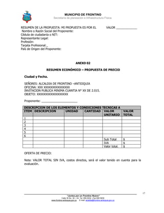 MUNICIPIO DE FRONTINO
Secretaría de planeación e Infraestructura Física.
____________________________________________________________________________________
“Juntos por un Frontino Nuevo”
Calle 30 No. 30 – 04 Tel: 859 5032 –Fax 859 5835
www.frontino-antioquia.gov.co E-mail: alcaldia@frontino-antioquia.gov.co
17
RESUMEN DE LA PROPUESTA: MI PROPUESTA ES POR EL VALOR _____________
Nombre o Razón Social del Proponente:
Cédula de ciudadanía o NIT:
Representante Legal:
Profesión:
Tarjeta Profesional:_
País de Origen del Proponente:
ANEXO 02
RESUMEN ECONÓMICO – PROPUESTA DE PRECIO
Ciudad y Fecha.
SEÑORES: ALCALDIA DE FRONTINO –ANTIOQUIA
OFICINA: XXX XXXXXXXXXXXXXXX
INVITACION PUBLICA MINIMA CUANTIA N° XX DE 2.015.
OBJETO: XXXXXXXXXXXXXXXXXX
Proponente:
DESCRIPCION DE LOS ELEMENTOS Y CONDICIONES TECNICAS A
SUMINISTRAR.ITEM DESCRIPCION UNIDAD CANTIDAD VALOR
UNITARIO
VALOR
TOTAL
1
2
3
4
5
6
Sub Total $
IVA $
Valor total. $
OFERTA DE PRECIO:
Nota: VALOR TOTAL SIN IVA, costos directos, será el valor tenido en cuenta para la
evaluación.
 