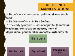 DEFICIENCY
MANIFESTATIONS
 B1 deficiency - consuming polished rice as staple
food
 Deficiency of vitamin B1 – beriberi
 The early symptoms - loss of appetite (anorexia),
weakness, constipation, nausea, mental
depression, peripheral neuropathy, irritability etc.
Beri beri
Wet beri beri Dry beri beri
Infantile beri
beri
 