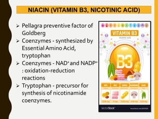 NIACIN (VITAMIN B3, NICOTINIC ACID)
 Pellagra preventive factor of
Goldberg
 Coenzymes - synthesized by
EssentialAmino Acid,
tryptophan
 Coenzymes - NAD+and NADP+
: oxidation-reduction
reactions
 Tryptophan - precursor for
synthesis of nicotinamide
coenzymes.
 