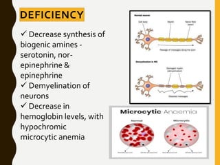 DEFICIENCY
 Decrease synthesis of
biogenic amines -
serotonin, nor-
epinephrine &
epinephrine
 Demyelination of
neurons
 Decrease in
hemoglobin levels, with
hypochromic
microcytic anemia
 