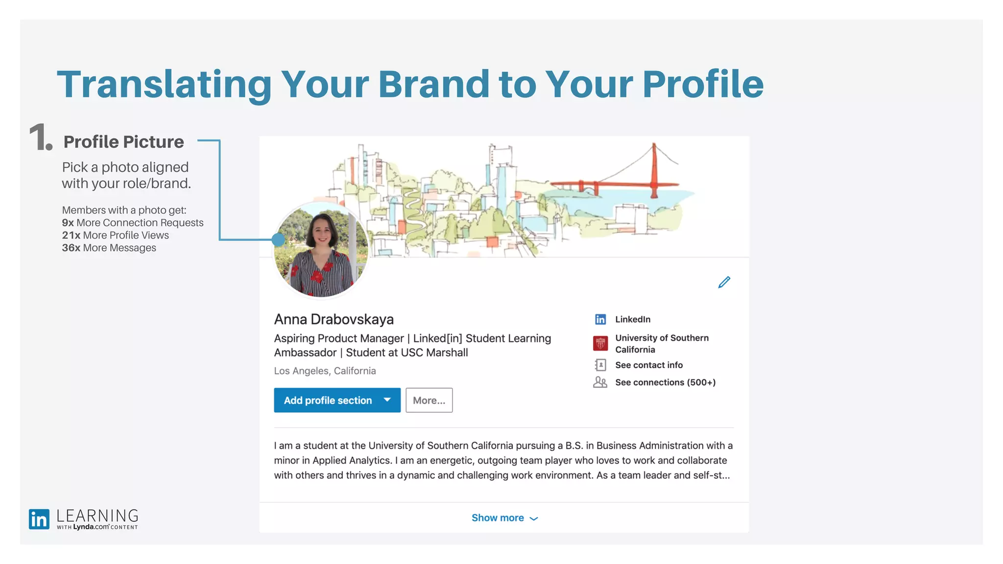 Translating Your Brand to Your Profile
1. Profile Picture
Pick a photo aligned
with your role/brand.
Members with a photo get:
9x More Connection Requests
21x More Profile Views
36x More Messages
 