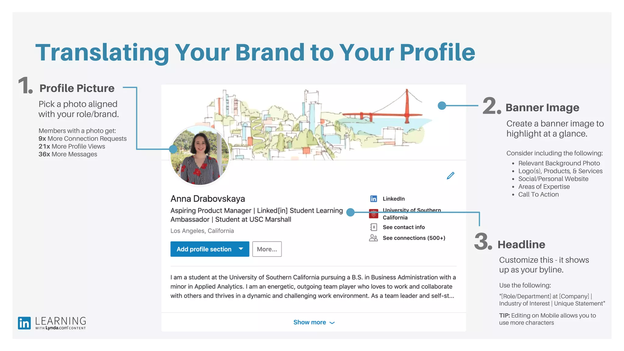 Translating Your Brand to Your Profile
1.
2.
3.
Profile Picture
Banner Image
Headline
Pick a photo aligned
with your role/brand.
Members with a photo get:
9x More Connection Requests
21x More Profile Views
36x More Messages
Create a banner image to
highlight at a glance.
Customize this - it shows
up as your byline.
Consider including the following:
Use the following:
Relevant Background Photo
Logo(s), Products, & Services
Social/Personal Website
Areas of Expertise
Call To Action
"[Role/Department] at [Company] |
Industry of Interest | Unique Statement"
TIP: Editing on Mobile allows you to
use more characters
 