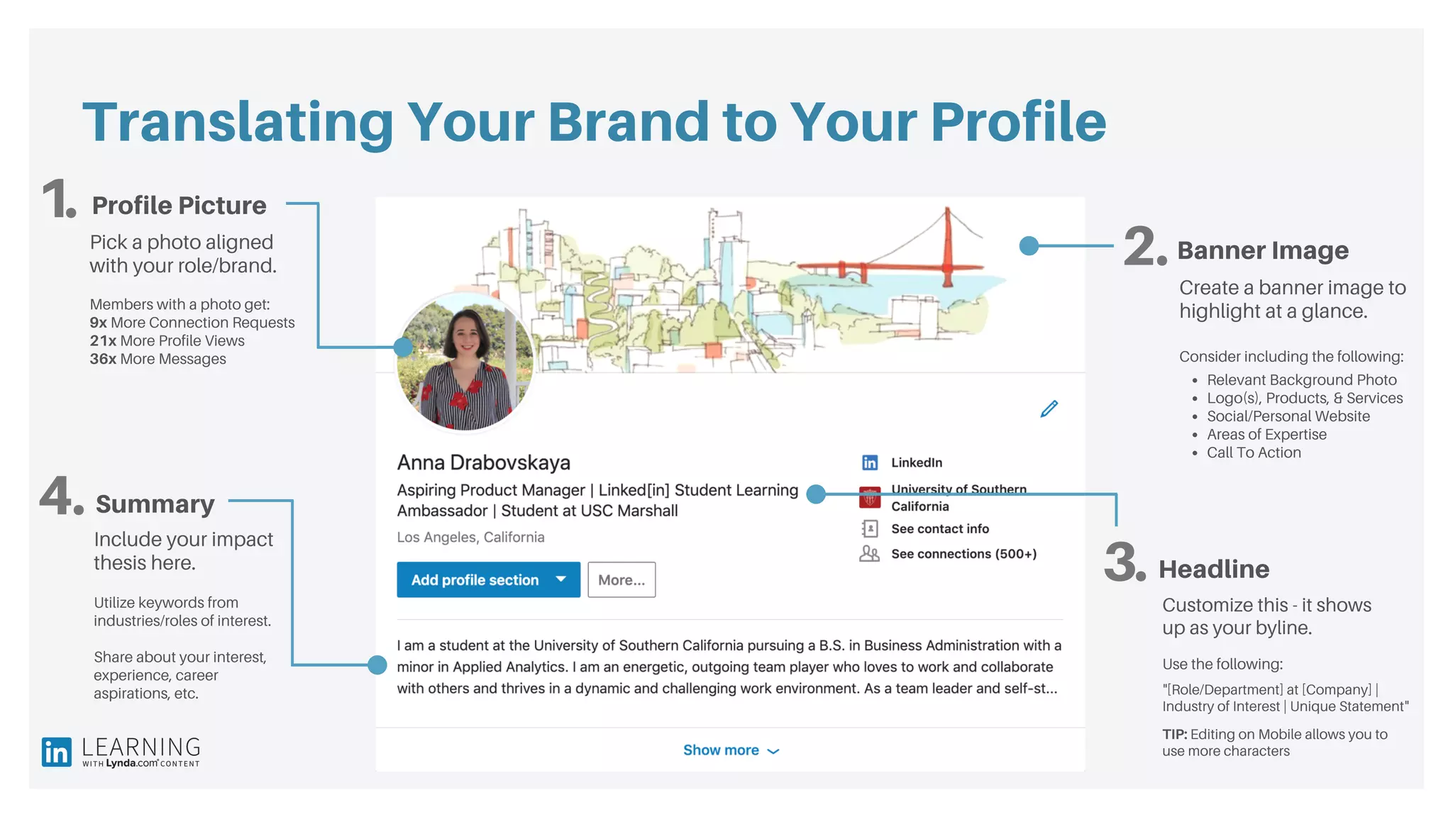 4.
Translating Your Brand to Your Profile
1.
2.
3.
Profile Picture
Summary
Banner Image
Headline
Pick a photo aligned
with your role/brand.
Members with a photo get:
9x More Connection Requests
21x More Profile Views
36x More Messages
Include your impact
thesis here.
Utilize keywords from
industries/roles of interest.
Share about your interest,
experience, career
aspirations, etc.
Create a banner image to
highlight at a glance.
Customize this - it shows
up as your byline.
Consider including the following:
Use the following:
Relevant Background Photo
Logo(s), Products, & Services
Social/Personal Website
Areas of Expertise
Call To Action
"[Role/Department] at [Company] |
Industry of Interest | Unique Statement"
TIP: Editing on Mobile allows you to
use more characters
 