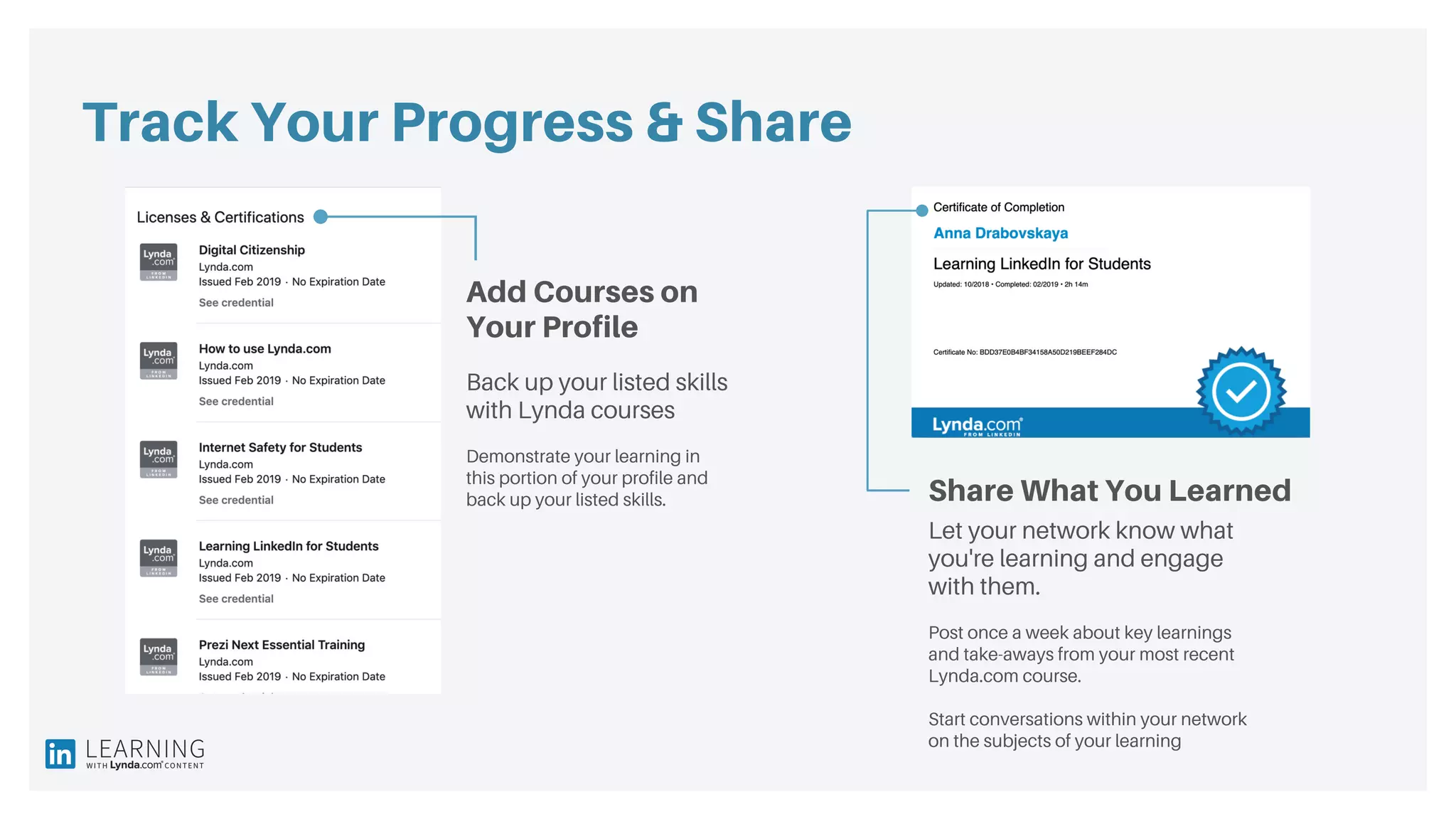 Track Your Progress & Share
Back up your listed skills
with Lynda courses
Add Courses on
Your Profile
Let your network know what
you're learning and engage
with them.
Post once a week about key learnings
and take-aways from your most recent
Lynda.com course.
Start conversations within your network
on the subjects of your learning
Share What You Learned
Demonstrate your learning in
this portion of your profile and
back up your listed skills.
 