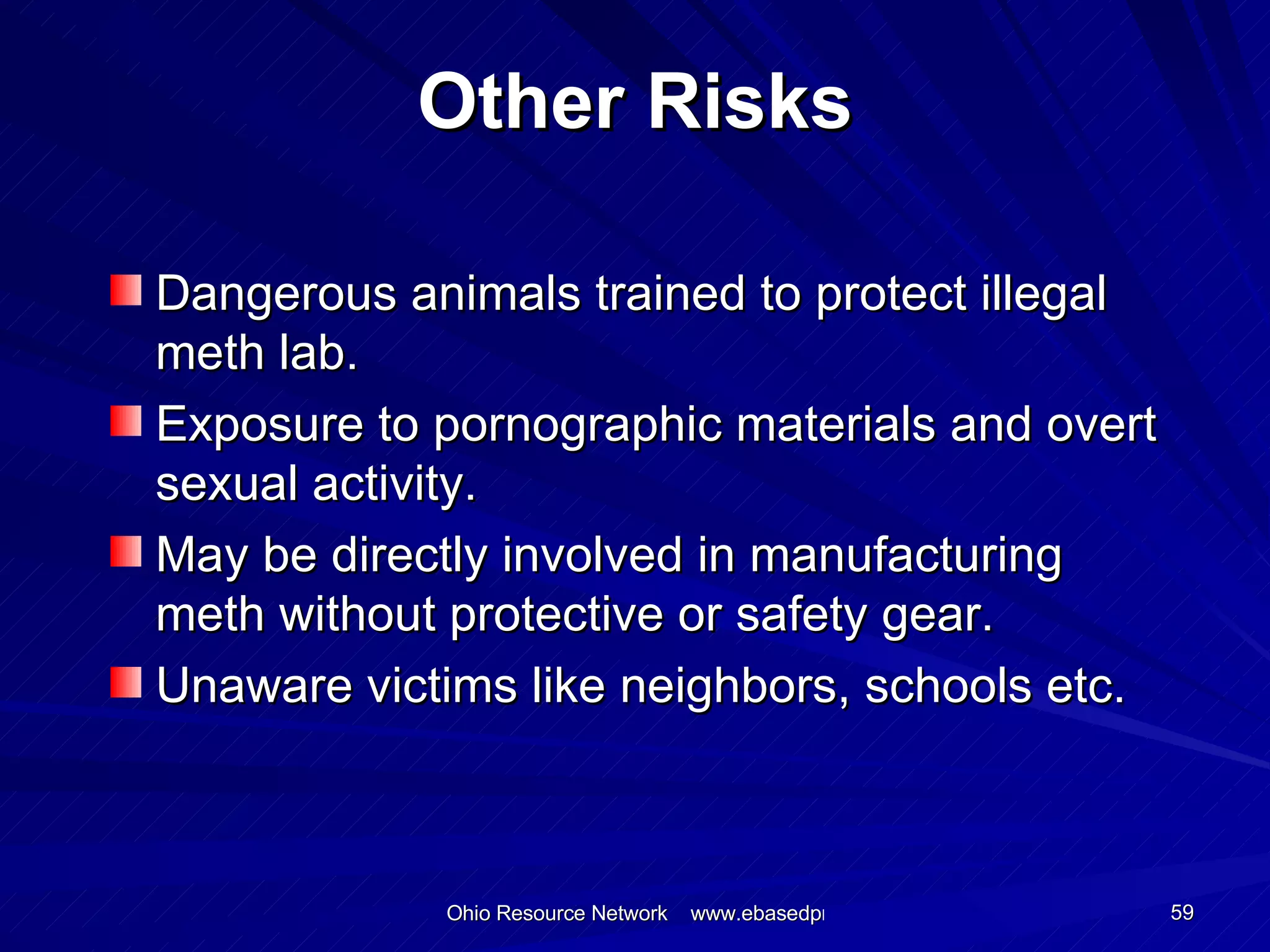 Other Risks Dangerous animals trained to protect illegal meth lab. Exposure to pornographic materials and overt sexual activity. May be directly involved in manufacturing meth without protective or safety gear. Unaware victims like neighbors, schools etc. 
