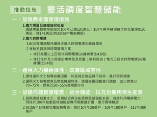 靈活調度智慧儲能推動措施
一、加強需求面管理措施
1.擴大需量反應措施抑低量
透過需量競價等措施於106年已達121萬瓩，107年將再積極擴大抑低量增加20
萬瓩，達141萬瓩(約3部台中電廠機組)
2.擴大時間電價
1.配合電價調整持續逐步擴大時間電價尖離峰價差
2.推動更具誘因時間電價方案
• 增訂高壓以上四段式時間電價(尖離峰價比4.6倍)
• 增訂住戶及小商家的標準型及低壓（便利商店）電力三段式時間電價(尖離
峰價比3.4倍)
二、運用火力機組彈性，改善區域空污
1.彈性運用火力發電容量因數，於區域空氣品質不良時，進行環保調度
2.運用火力發電燃煤及燃氣機組特性，透過容量因數進行調整，並以燃煤以
70~75%，燃氣以50~55%為規劃方向
三、加速佈建智慧電表，結合儲能，以充份運用再生能源
1.短期透過抽蓄水力，長期結合再生能源與區域儲能系統，有效利用電網電力，
同時於106年啟動區域儲能設備示範驗證計畫，進行實場驗證
2.自106年起推動低壓智慧電表，預計107年20萬戶、109年100萬戶、113年300
萬戶
 