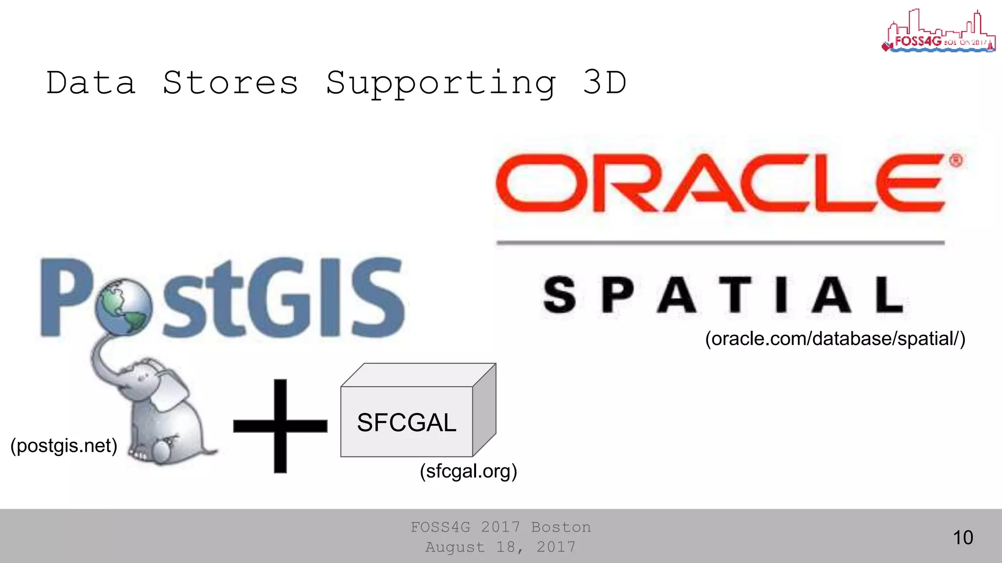 FOSS4G 2017 Boston
August 18, 2017
SFCGAL
Data Stores Supporting 3D
10
(postgis.net)
(oracle.com/database/spatial/)
(sfcgal.org)
 