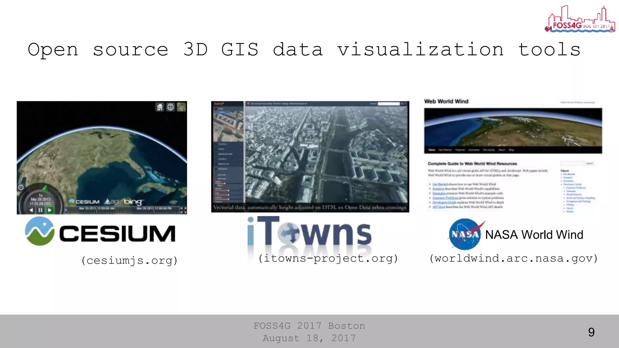 FOSS4G 2017 Boston
August 18, 2017
Open source 3D GIS data visualization tools
9
(cesiumjs.org) (itowns-project.org)
NASA World Wind
(worldwind.arc.nasa.gov)
 